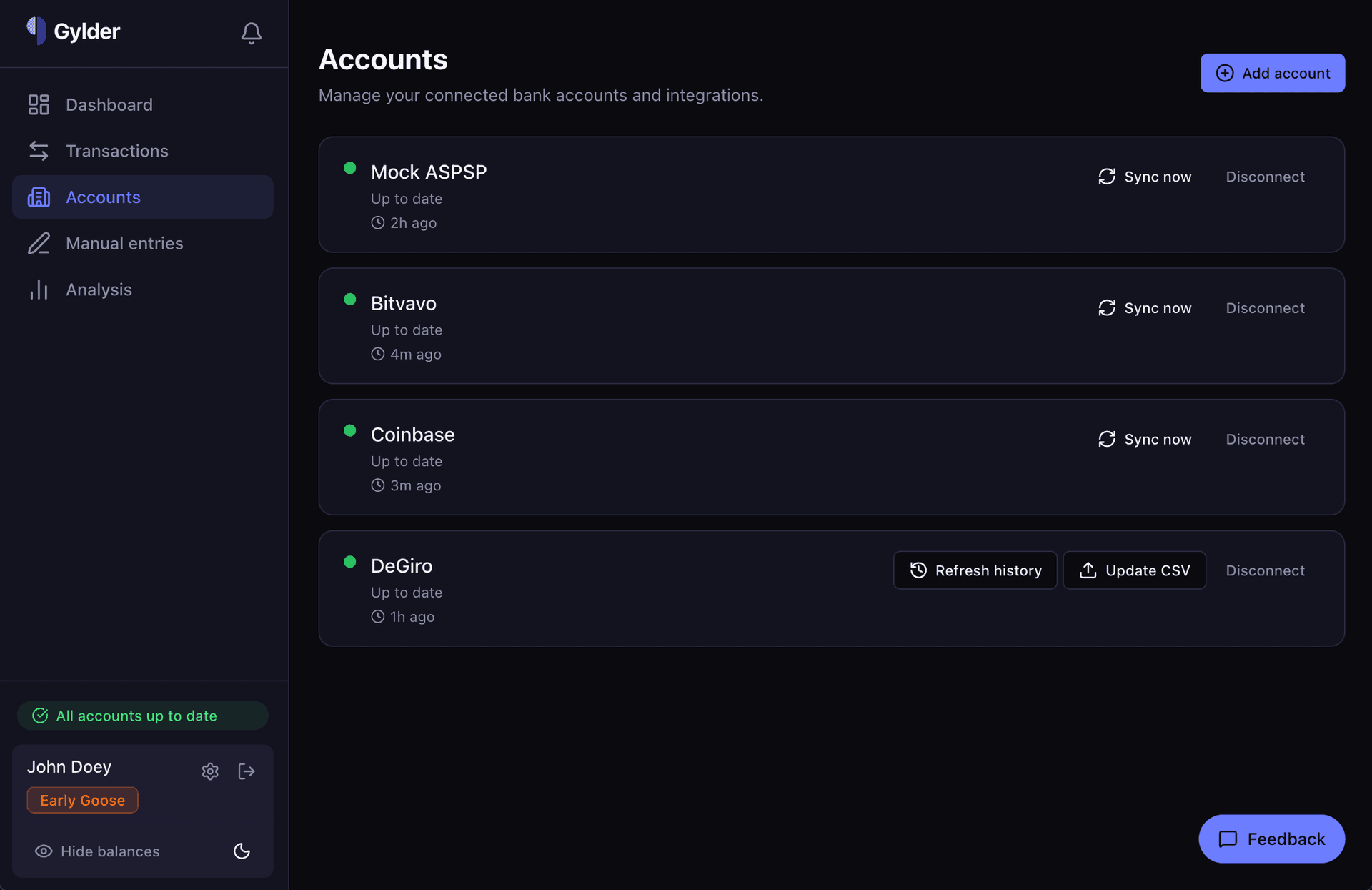 Accounts page showing connected providers with sync status