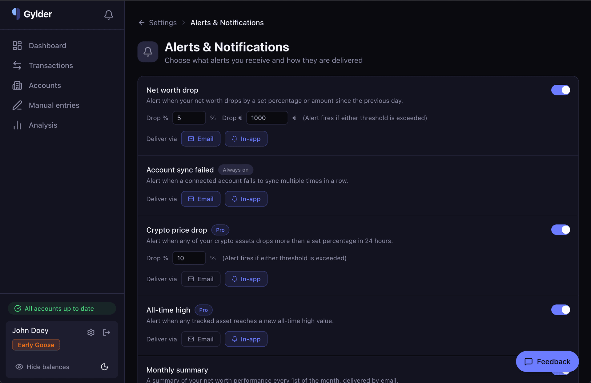 Alert preferences showing configurable thresholds and delivery options
