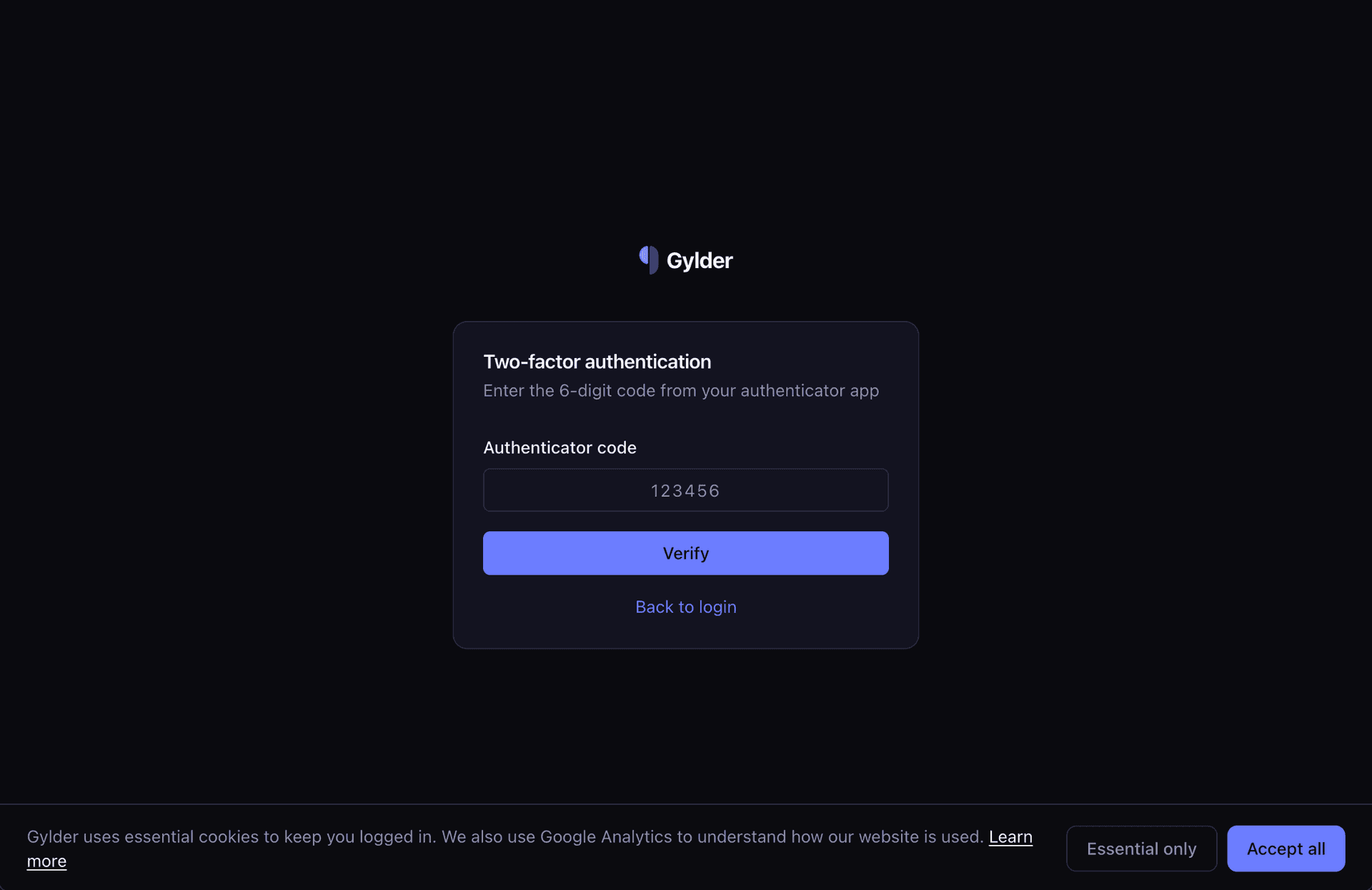 Two-factor authentication screen with authenticator code input